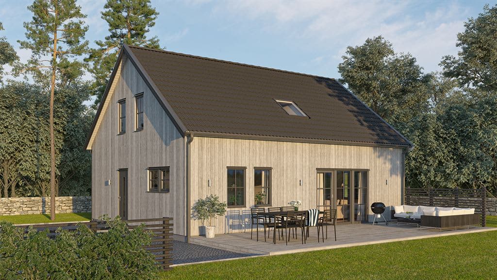 Visualisering av ett laserat en och en halvplanshus i modern stil