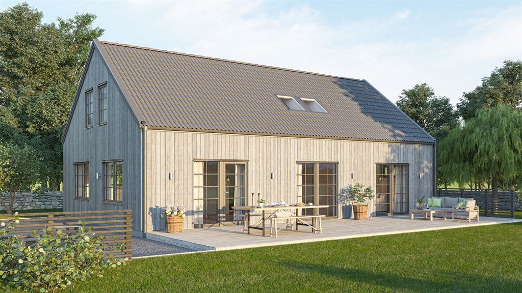 Visualisering av laserat en och en halv planshus i modern stil med spröjs