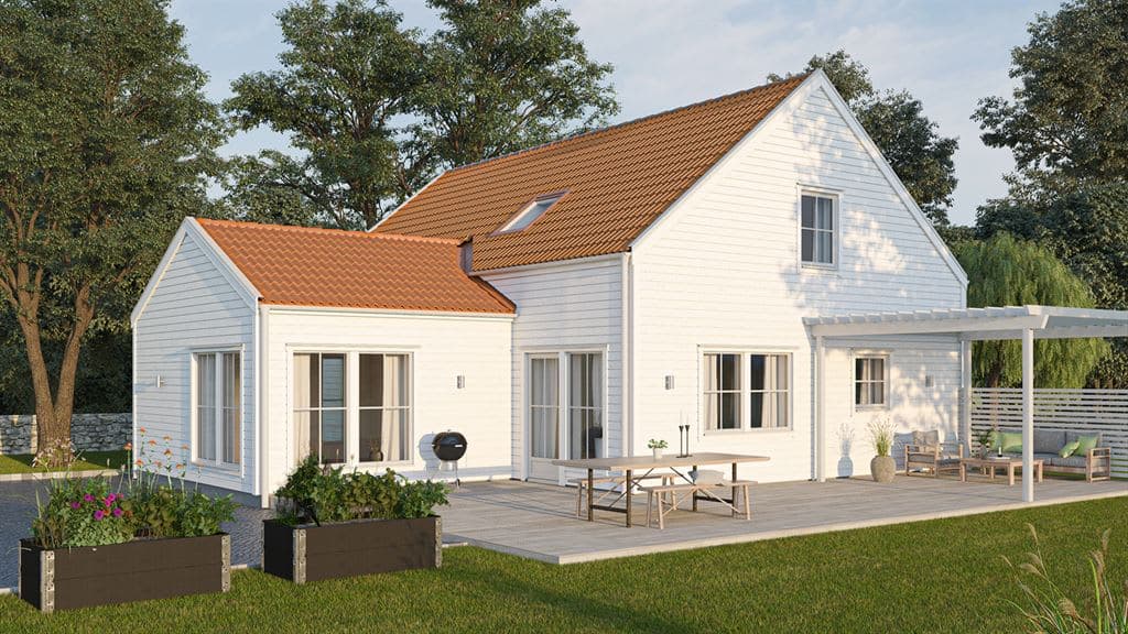 Visualisering av vitt 1 1/2 plans hus i lösvirke i klassisk stil