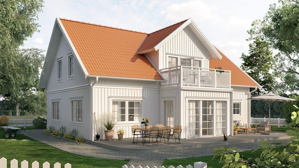 Visualisering av vitt 1,5-planshus i lösvirke i klassisk stil,