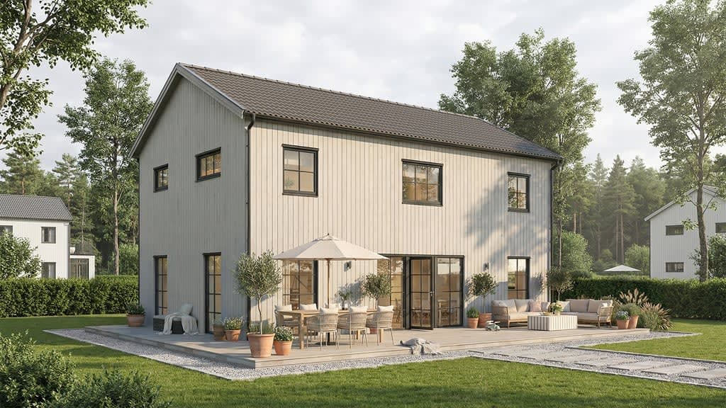 Visualisering av grått 2-planshus i lösvirke i modern stil