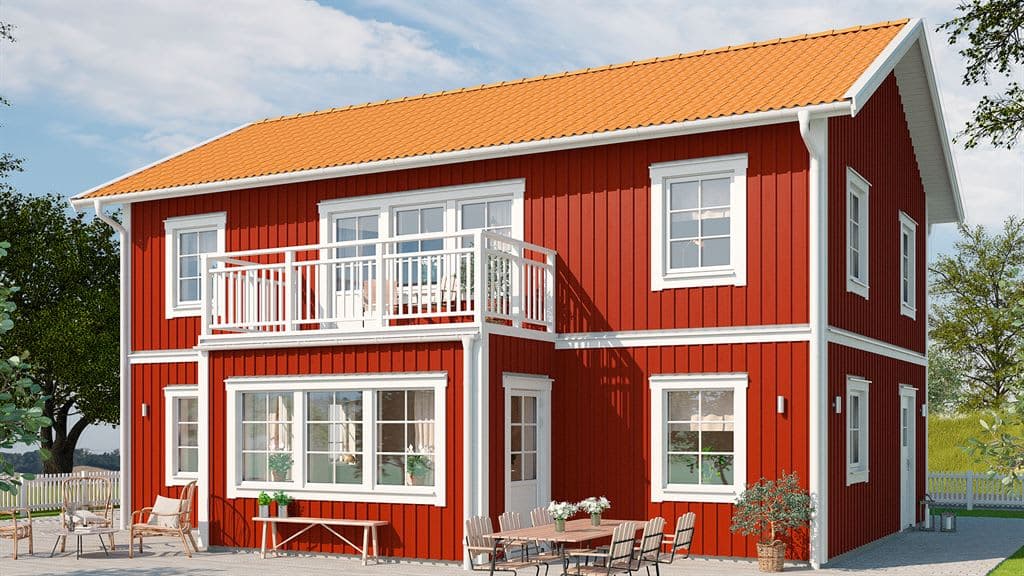 Visualisering av ett rött tvåplanshus i klassisk stil