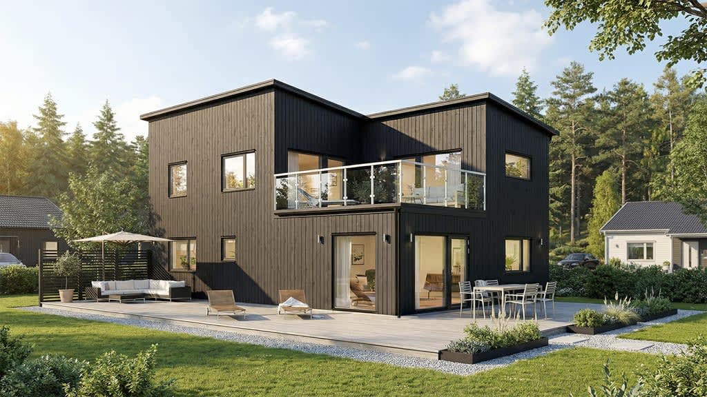 Visualisering av ett svart tvåplanshus i lösvirke i modern stil