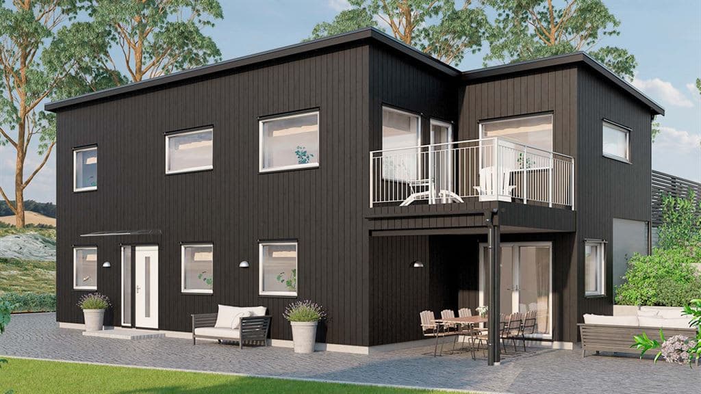 Visualisering av svart sluttningshus i modern stil