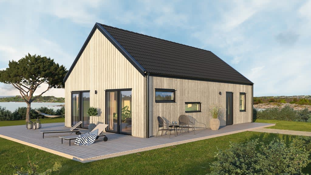 Visualisering av ett fritidshus i modern stil, laserad panel och svart tak