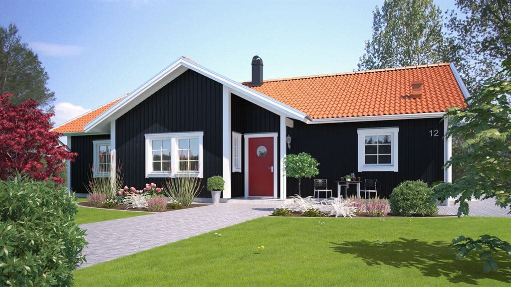 Visualisering av svart enplanshus med orange sadeltak i klassisk stil