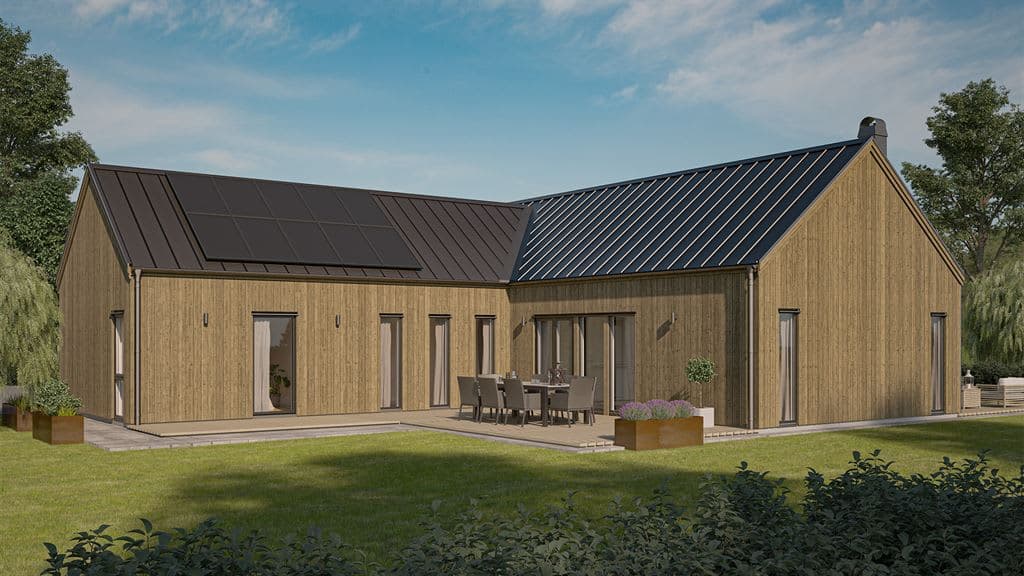 Visualisering av laserat enplanshus med sadeltak i modern stil