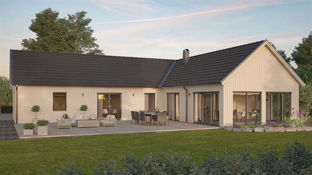 Visualisering av laserat enplanshus med sadeltak i klassisk stil