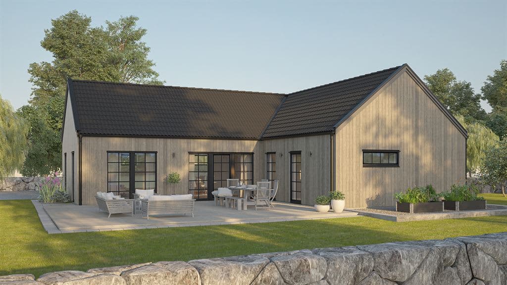 Visualisering av ett laserat enplanshus med sadeltak i modern stil