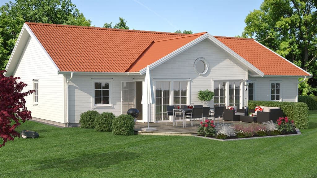 Visualisering av vitt enplanshus med sadeltak i klassisk stil