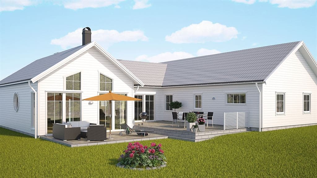 Visualisering av ett vitt enplanshus i klassisk stil