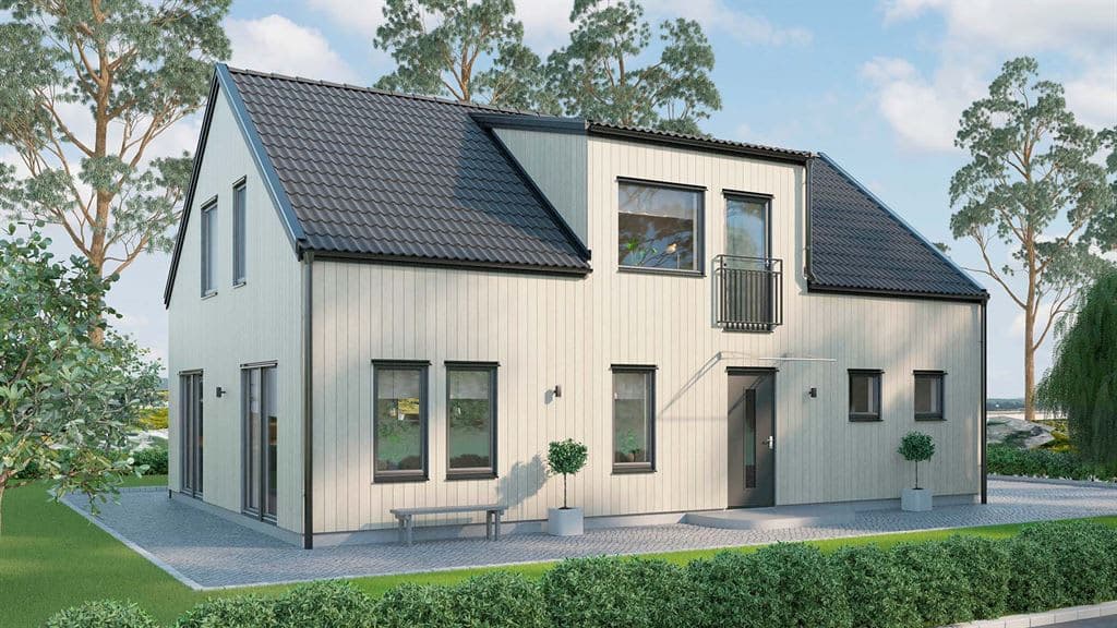 Visualisering av sandfärgat en och en halvplanshus med takkupa