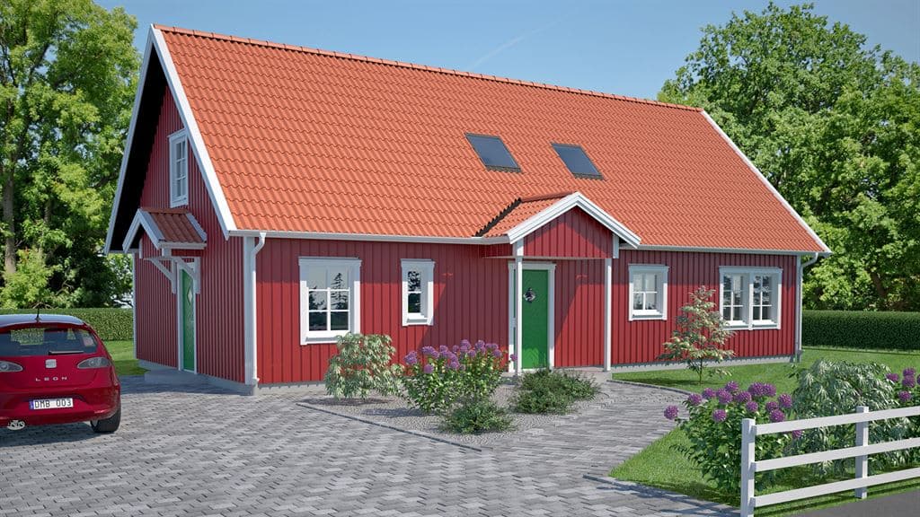 Visualisering av rött och vitt en och en halv planshus i klassisk stil