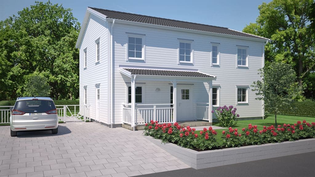 Visualisering av vitt tvåplanshus med sadeltak i klassisk stil