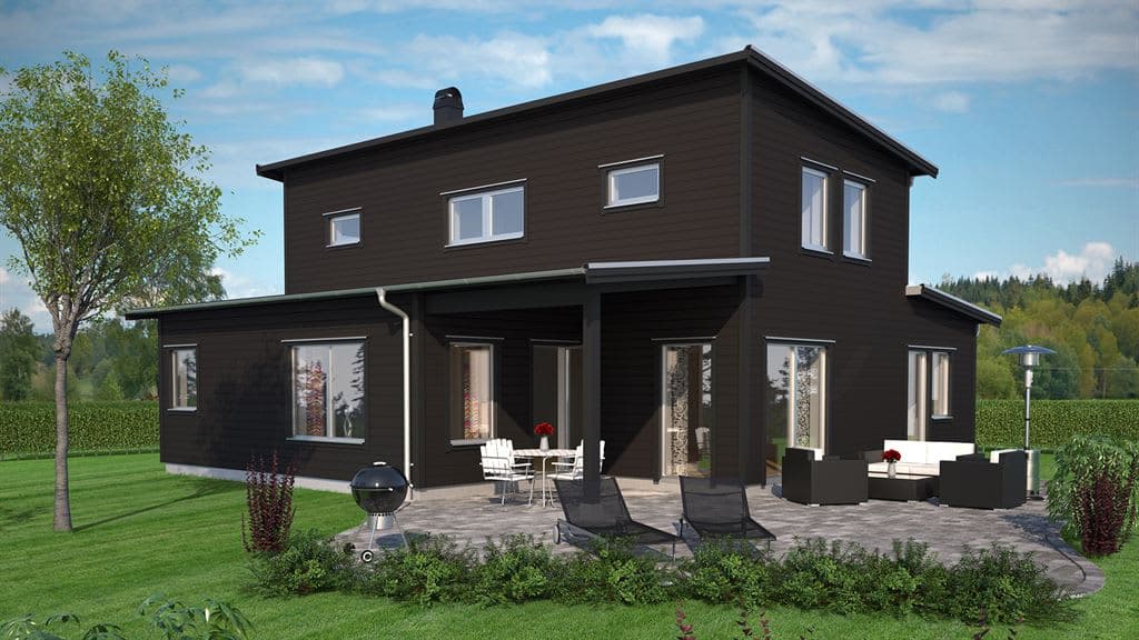 Visualisering av svart en och en halv planshus med pulpettak i modern stil