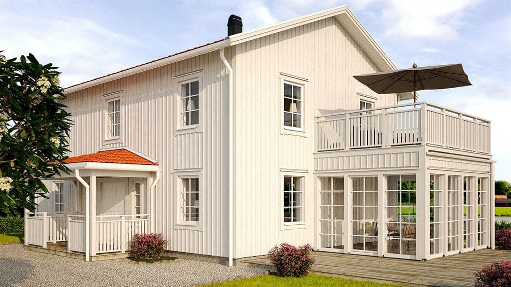 Visualisering av vitt tvåplanshus med sadeltak i traditionell stil