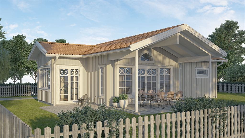 Visualisering av beige fritidshus i traditionell stil