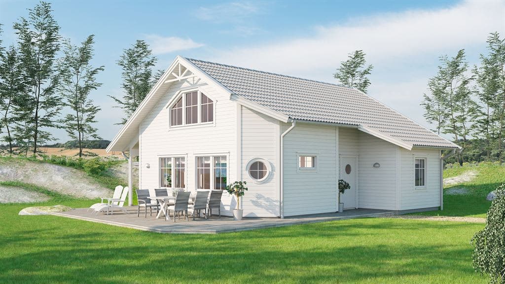 Visualisering av vitt fritidshus med loft i klassisk stil