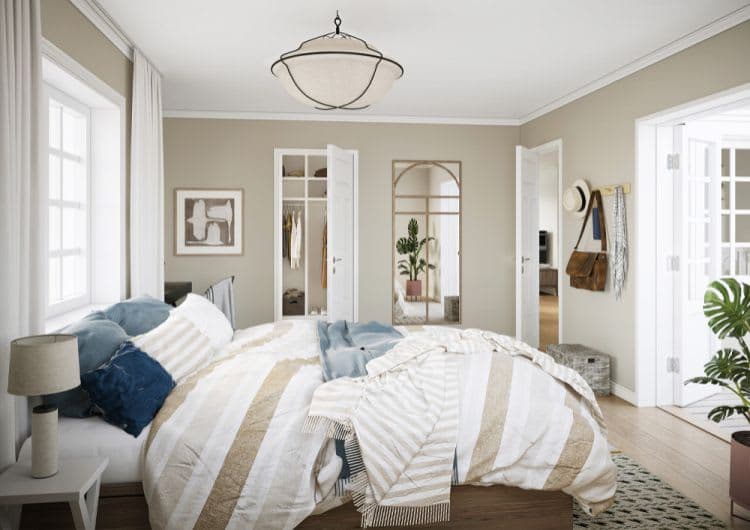 Sovrummet på överplan är utrustat med en klädkammare