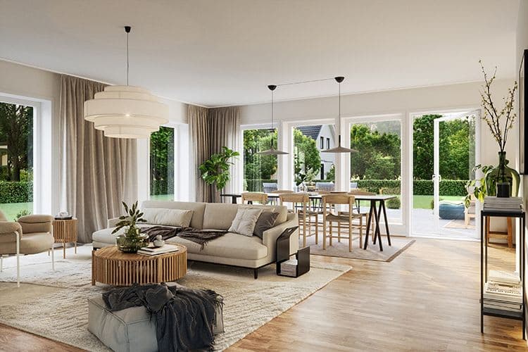 Vardagsrummet i en spegelvänd version av huset.