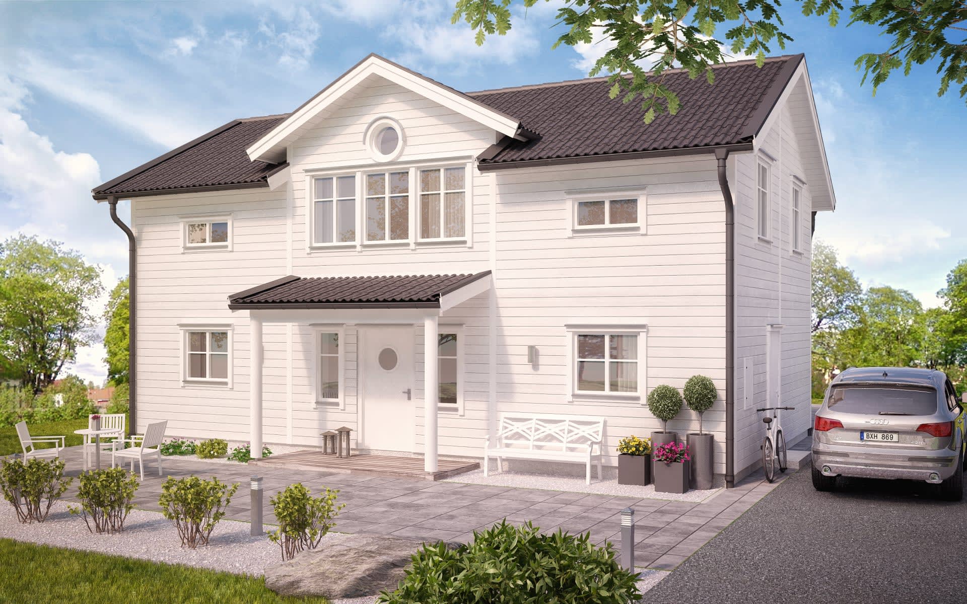 villa grindstorp tvåplanhus med förhöjtväggliv träpanel entrésida