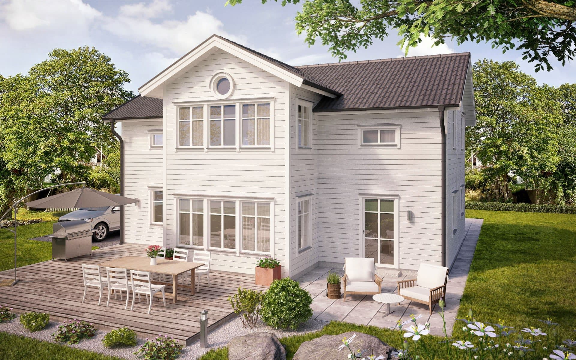 villa grindstorp tvåplanhus med förhöjtväggliv träpanel entrésida