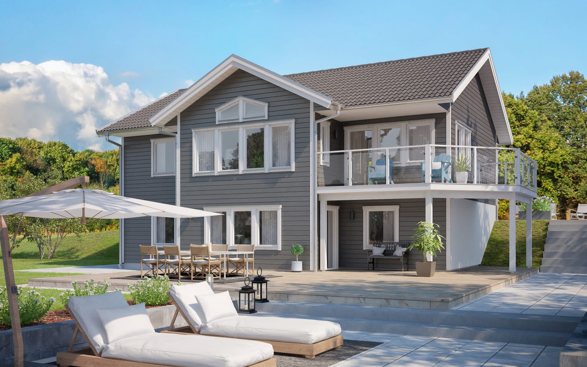 Villa Östanskog sluttningshus i två plan med balkong, glasräcke och sadeltak