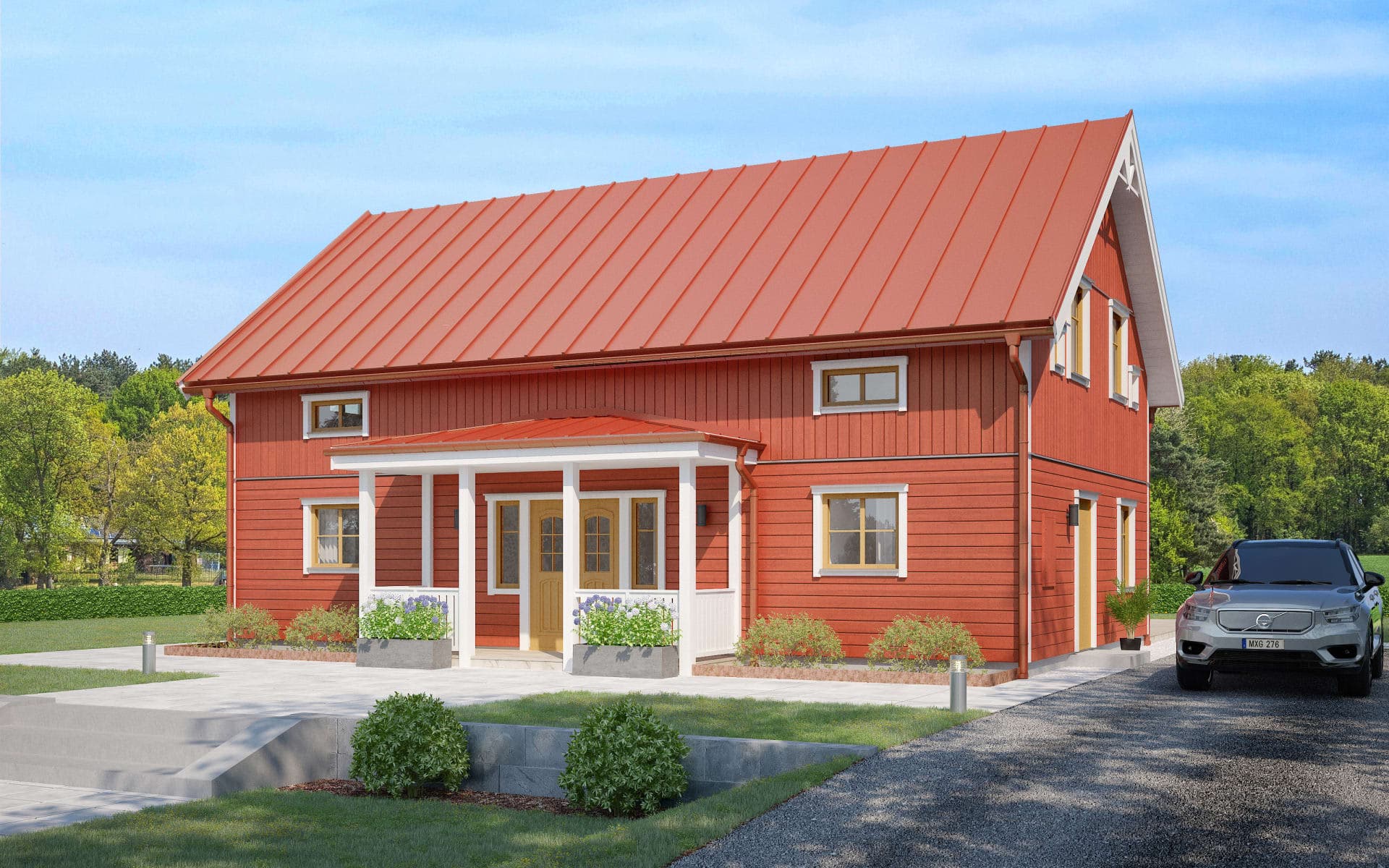 Villa Sågtorpet med förhöjtväggliv, träpanel och veranda