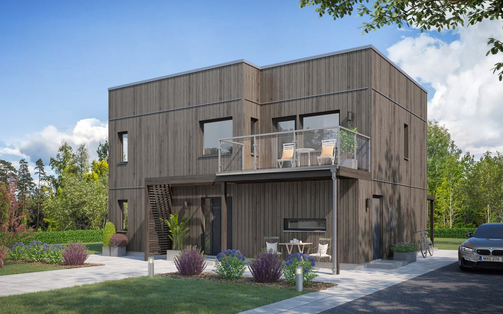 Villa Rudu tvåplanshus i modernt boxhus med träpanel, balkong och spaljé