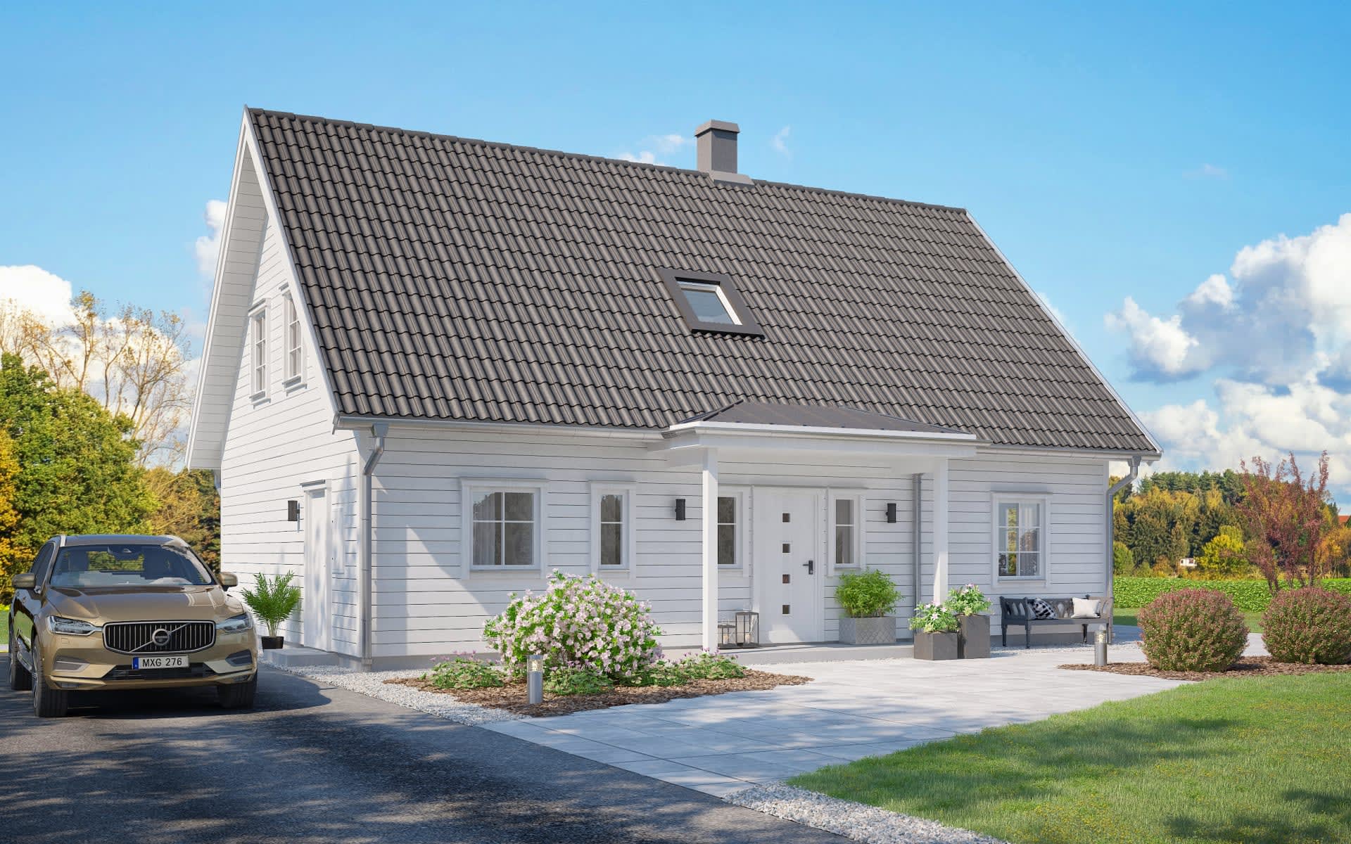 Villa Näsudden 1.5-planshus med framsida med träpanel, entrétak och sadeltak