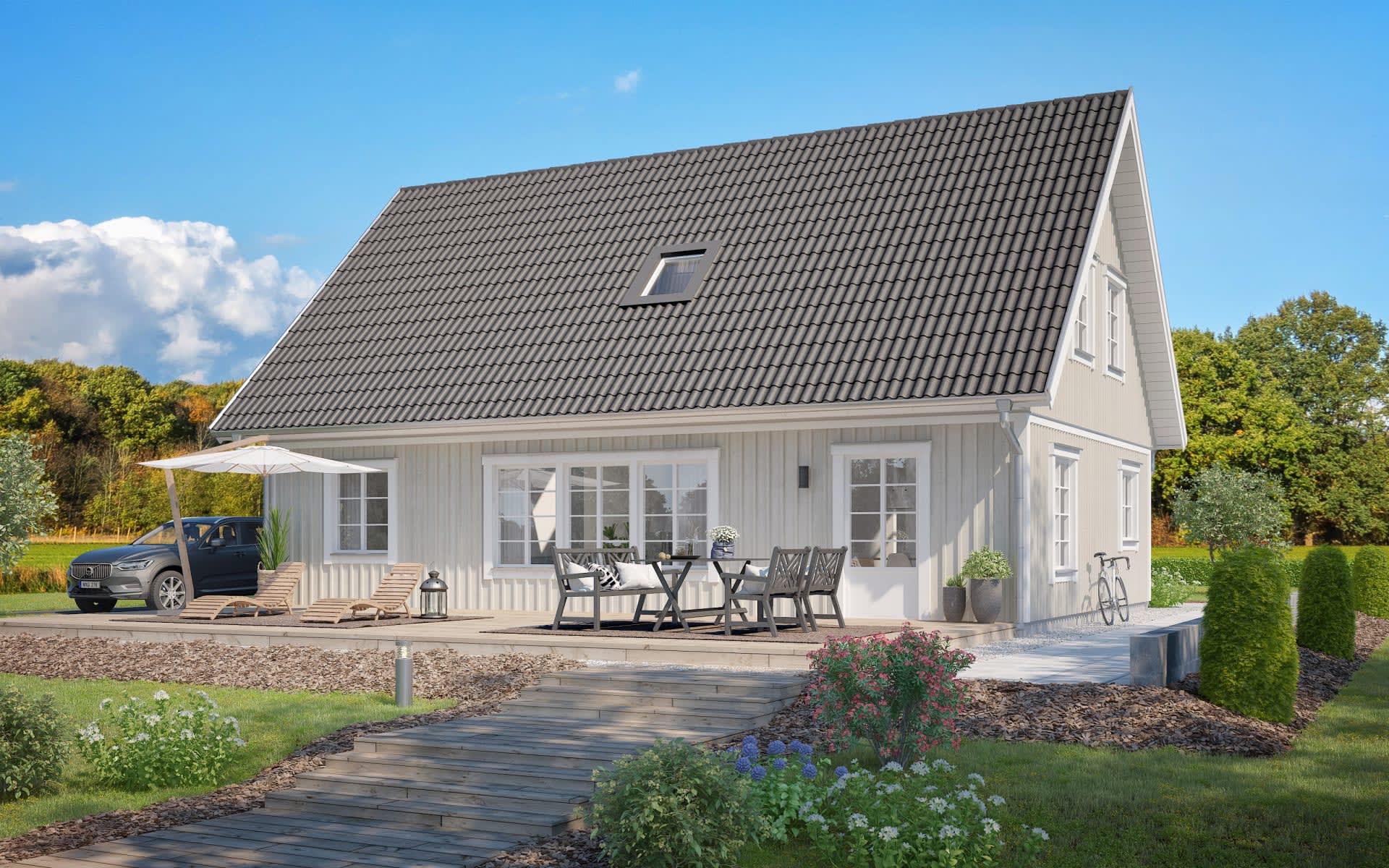 Villa Näset baksida 1.5-planshus med sadeltak och träpanel