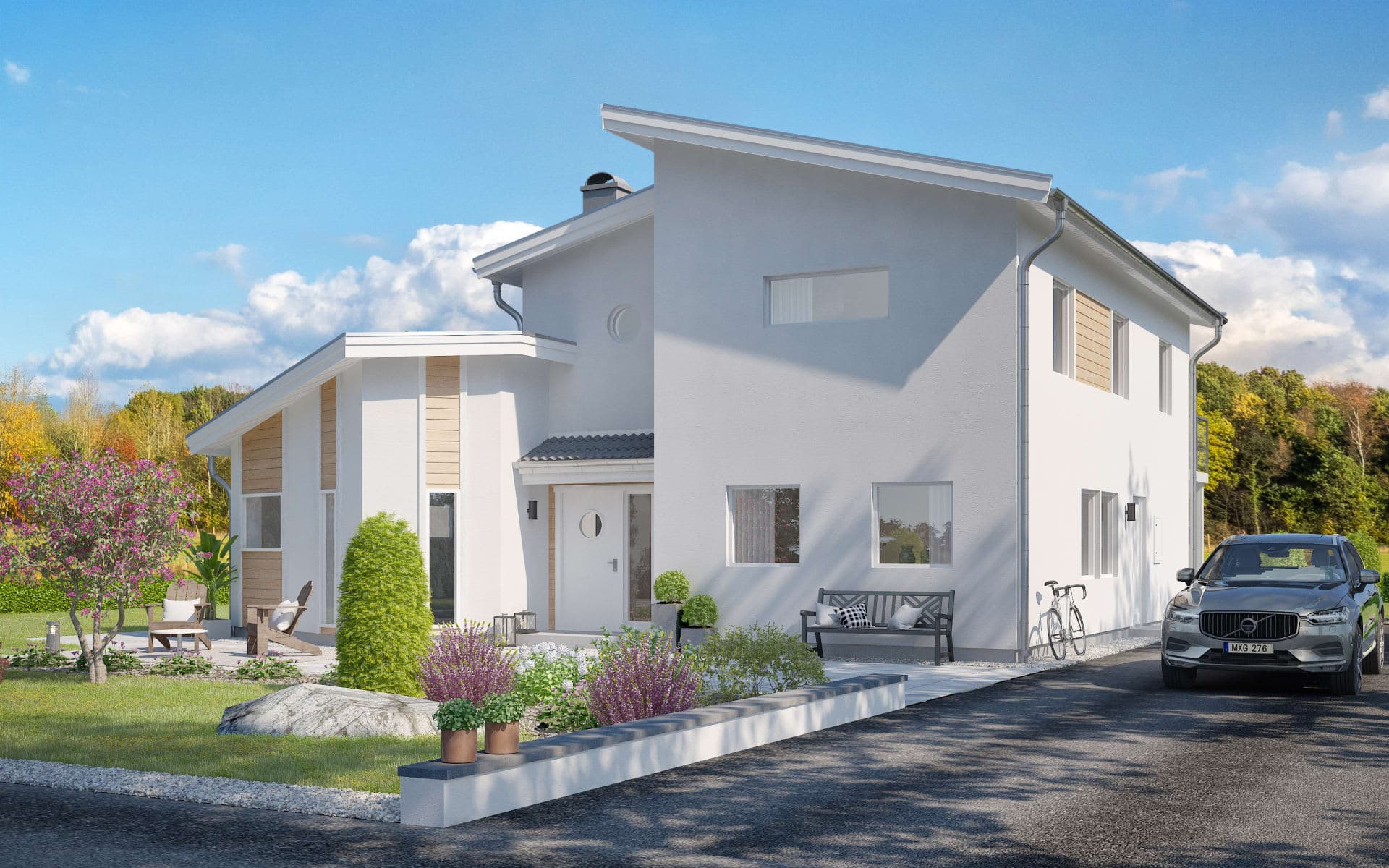 Villa Ljunghusen framsida tvåplanshus i funkisstil med balkong, puts och panel