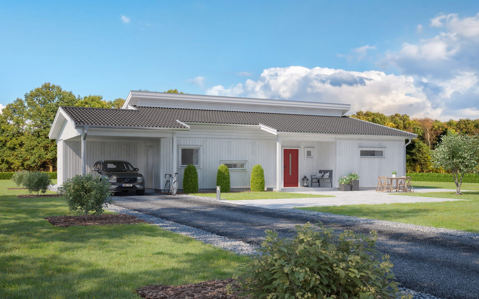 Villa Laholm framsida enplanshus med pulpet och panel