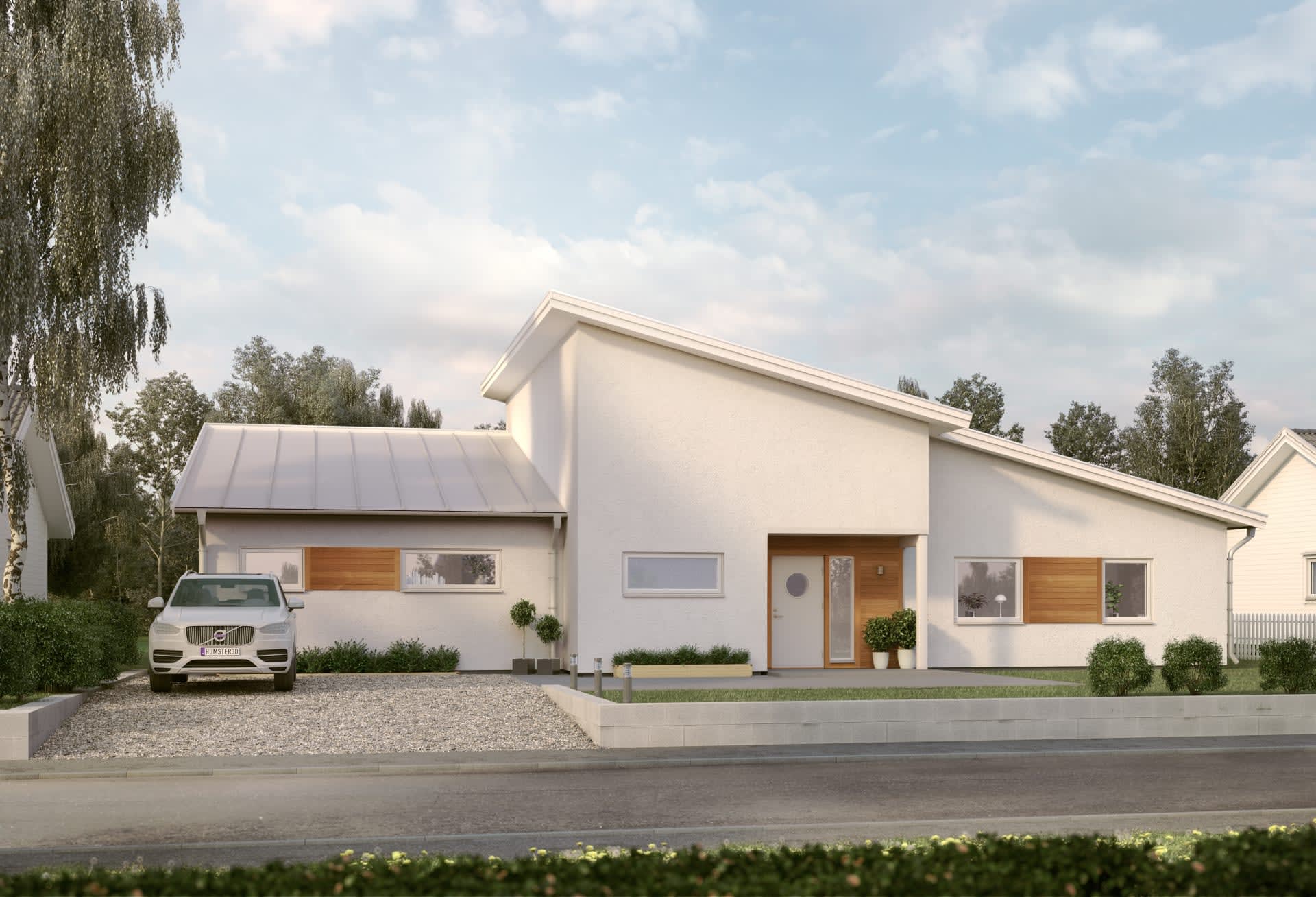 Villa Kämpinge enplanshus med åstak och putsadfasad