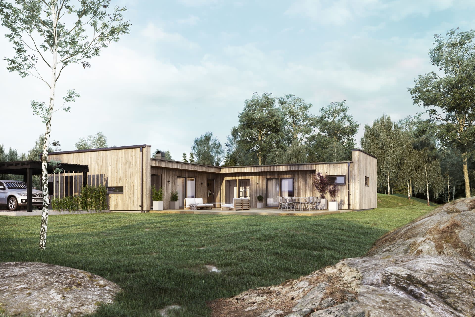 villa Höllviken baksida enplanshus med åstak, sarg och i vinkel