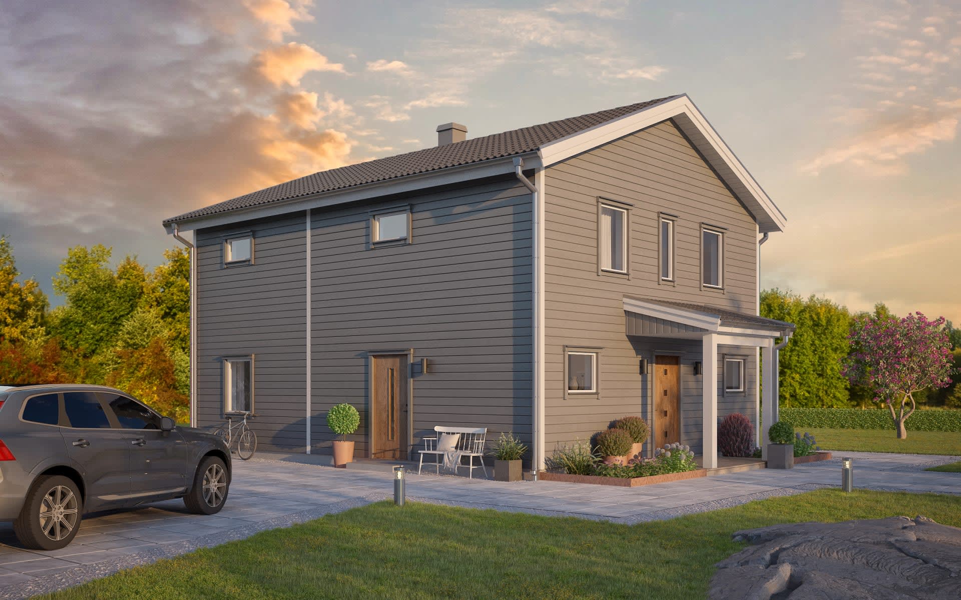 villa hjärtlanda tvåplanshus med träpanel, veranda och sadeltak