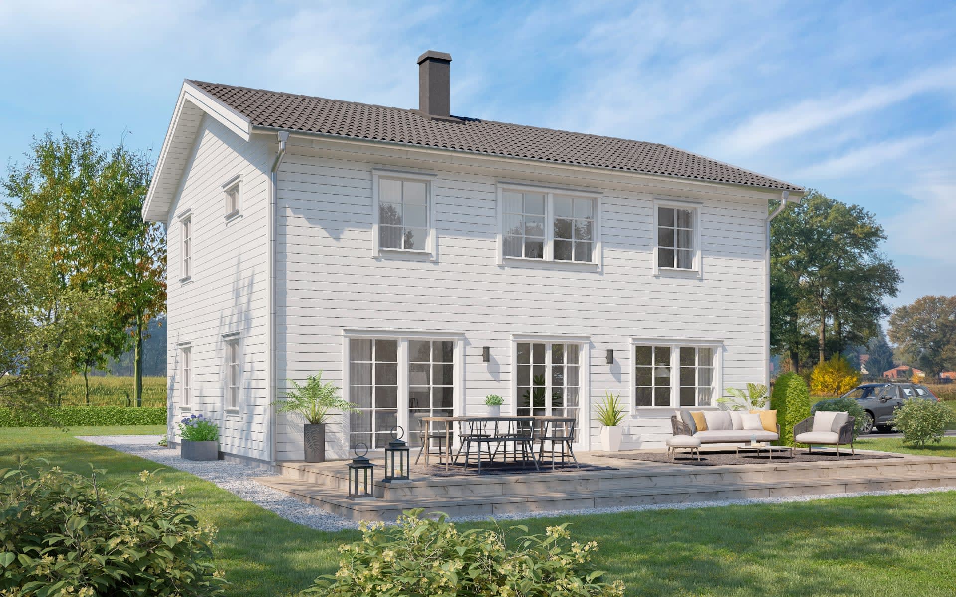 villa grimsholm tvåplanshus med sadeltak och vit panel