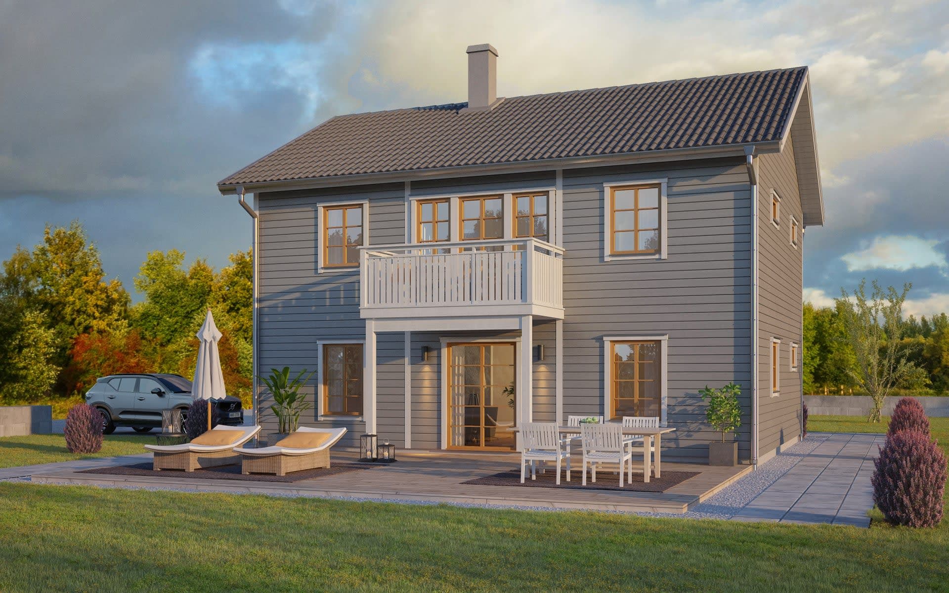 Villa Bäckaskog tvåplanshus med balkong och sadeltak