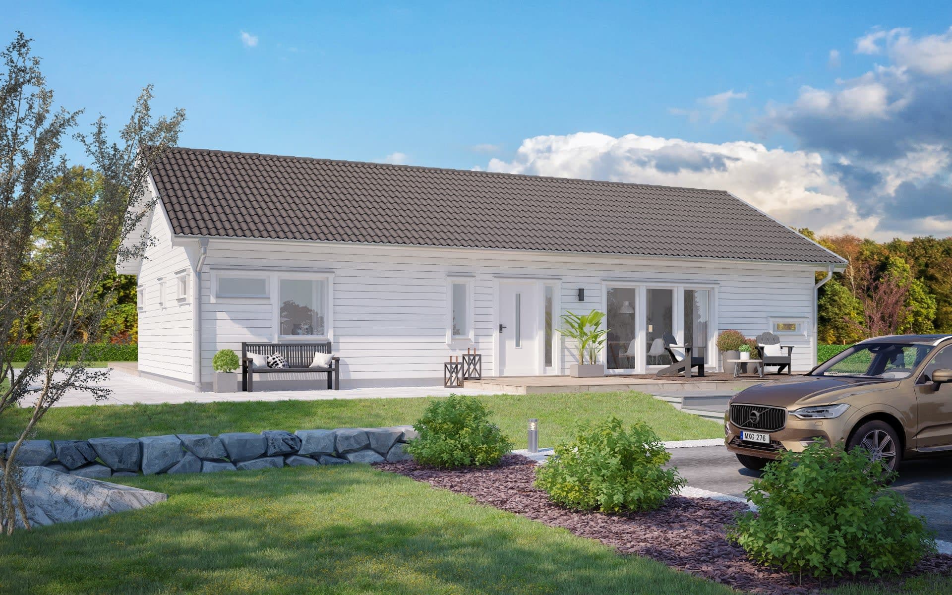 Villa Borgholm framsida enplanshus med vitpanel