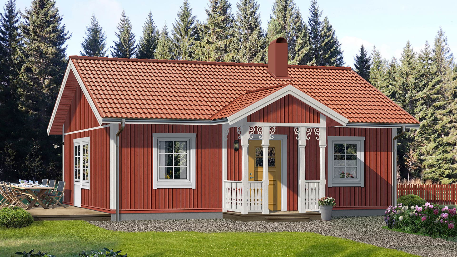 55 m2 stort enplanshus med smart planlösning, Faluröd fasad, vita knutar och ytterdörr i guldockra