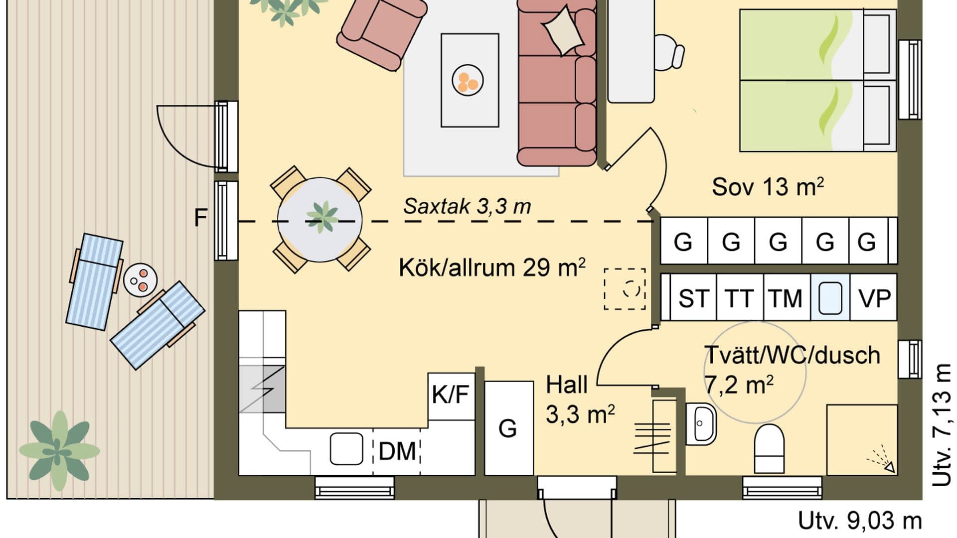 enplanshus 55 m2 med saxtak och öppen planlösning mellan kök och vardagsrum