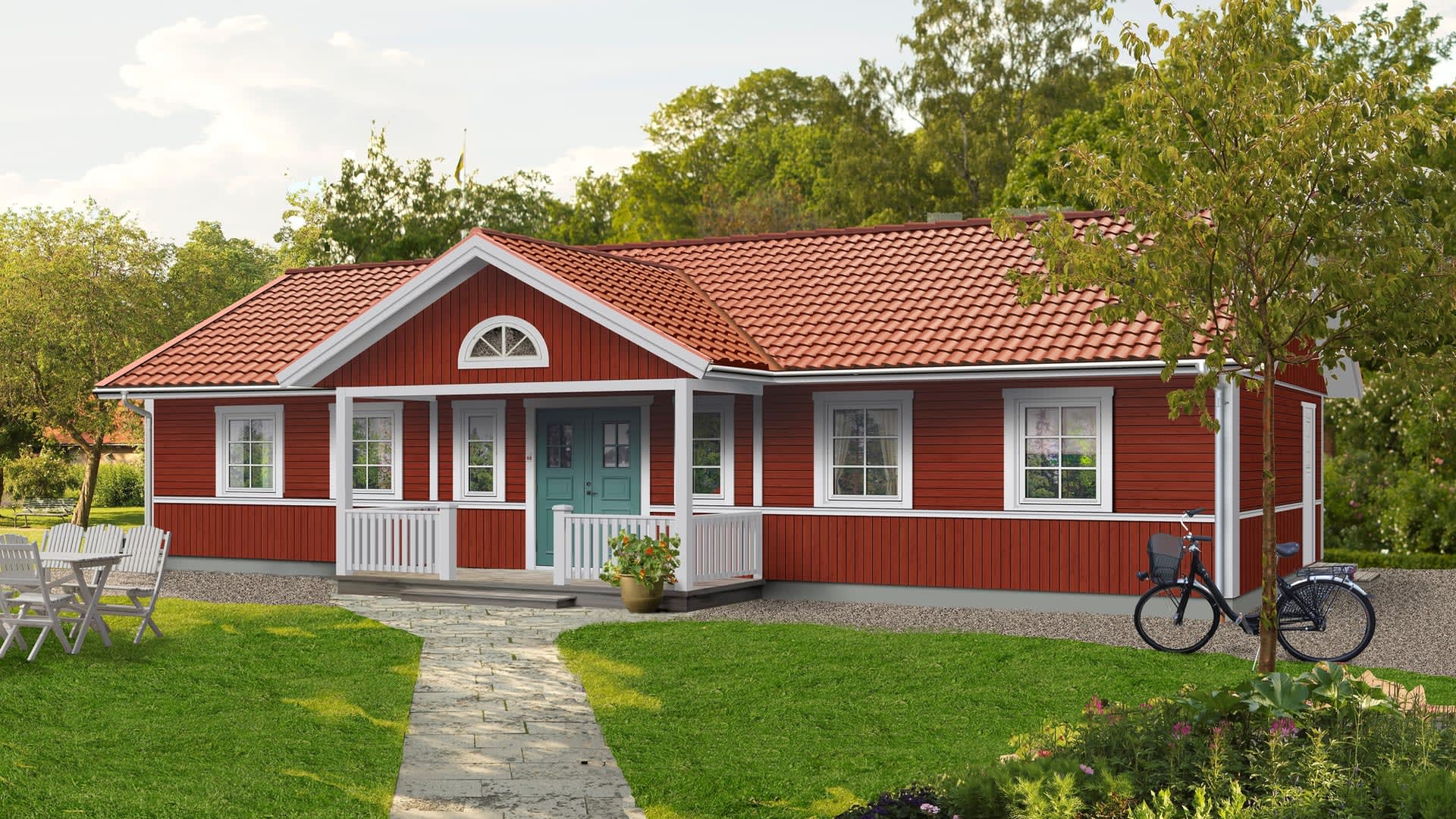 enplanshus Valloxen 124 m2 halvmånefönster och pardörr.