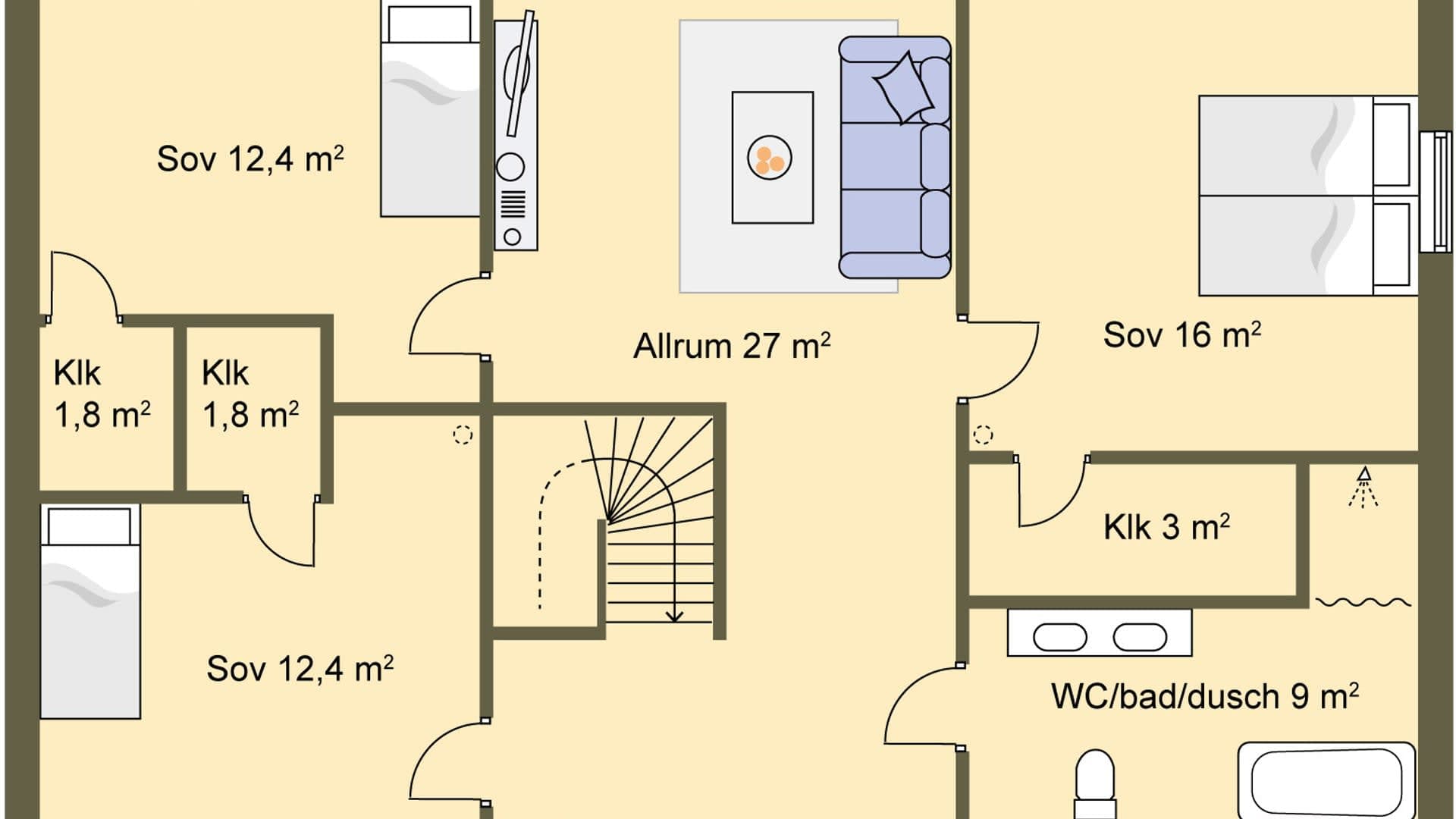 planlösning övervåning 94 m2 invändig yta u-trappa, stora sovrum och klädkammare.