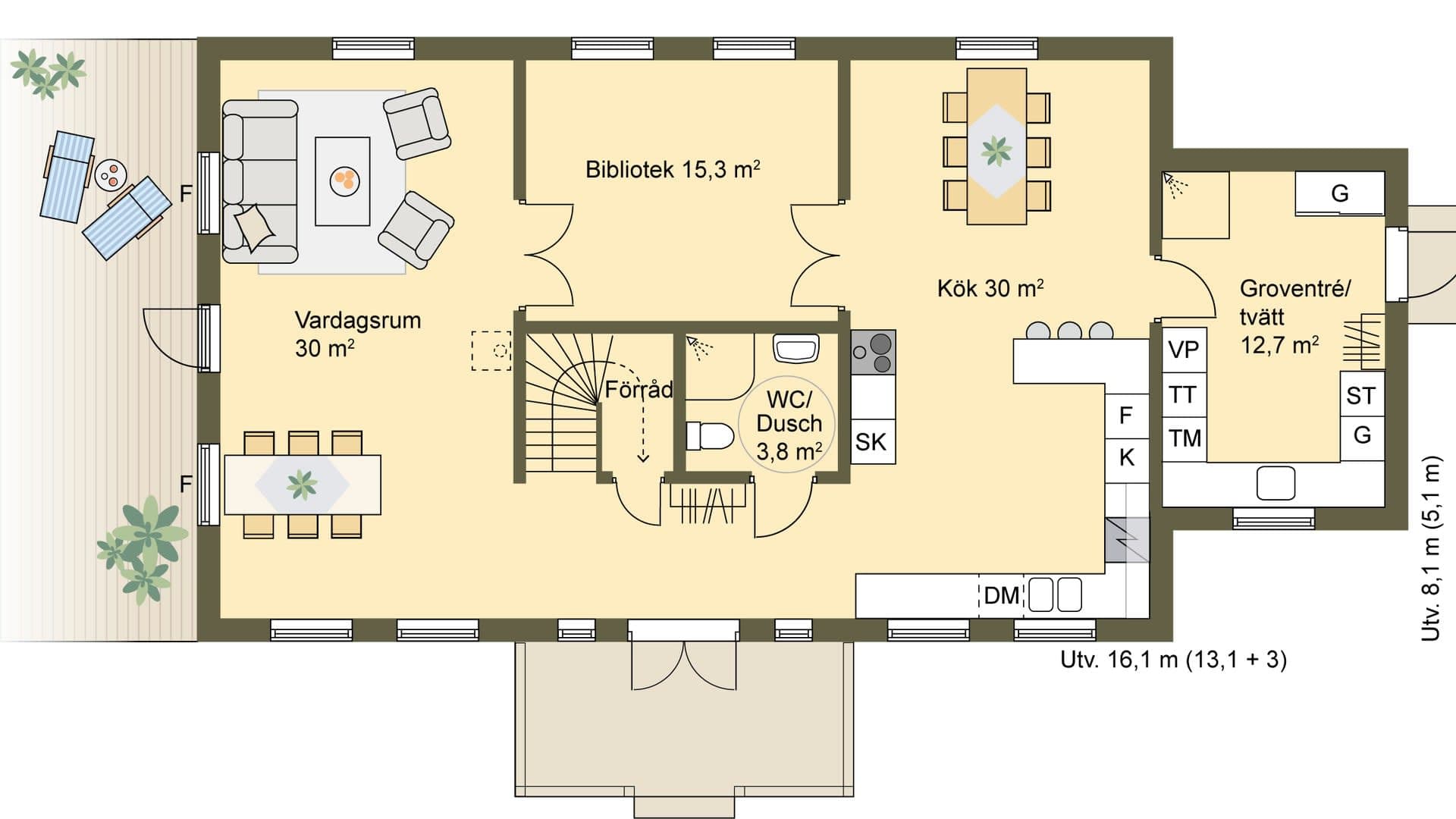 planlösning inspirerat av en herrgård från sekelskiftet med entrévåning 94 + 13 m2 invändig yta. Matplats, bibliotek och vardagsrum i fil
