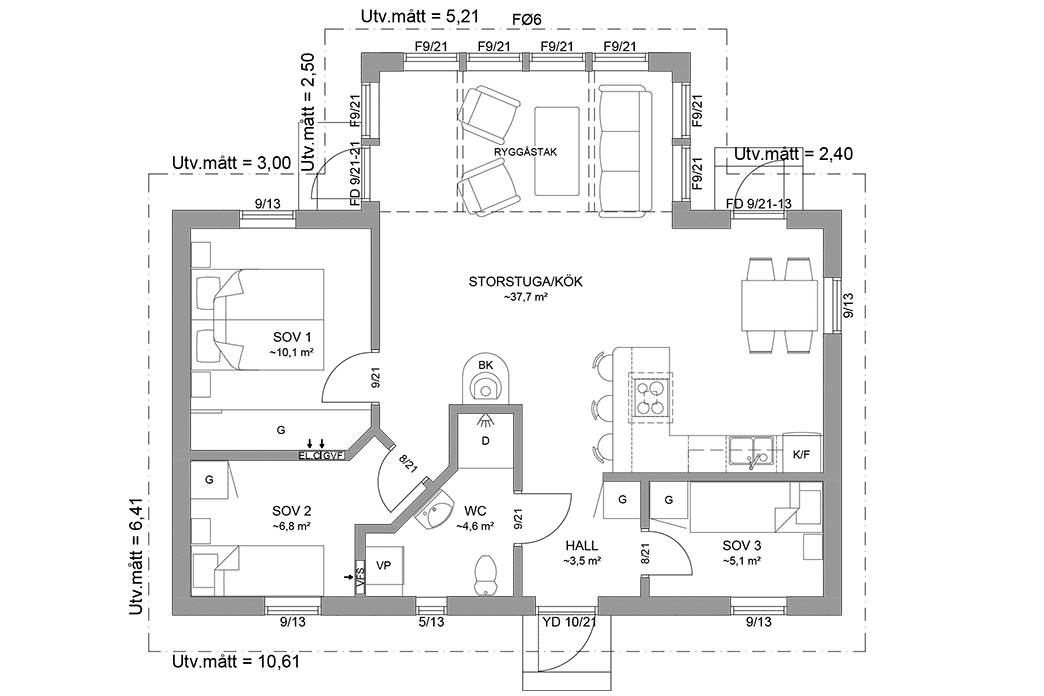 Planritning fritidshus enplanshus vinkelhus 71 kvm Ängnö 23-81