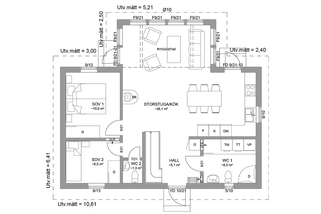 Planritning entréplan fritidshus med loft vinkelhus 98 kvm Ängnö 35-81 FHV
