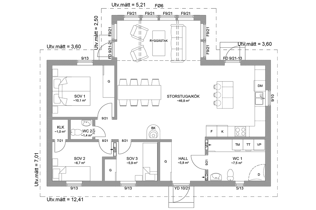 Planritning fritidshus enplanshus vinkelhus 88 kvm Ängnö 23-100