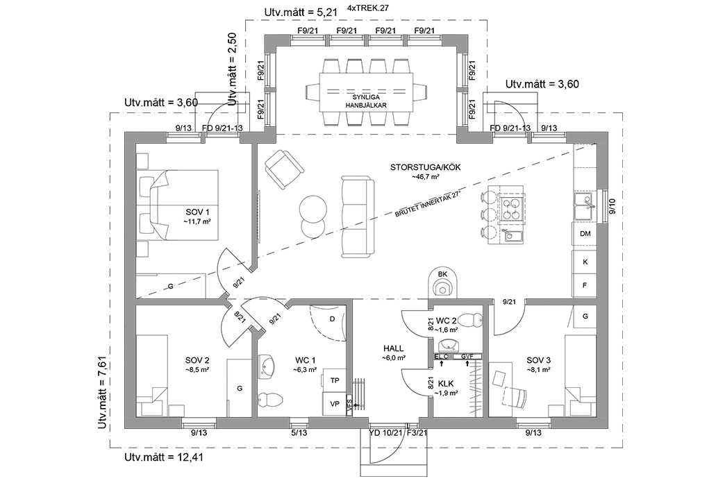 Planritning fritidshus enplanshus vinkelhus 95 kvm Ängnö 27-108