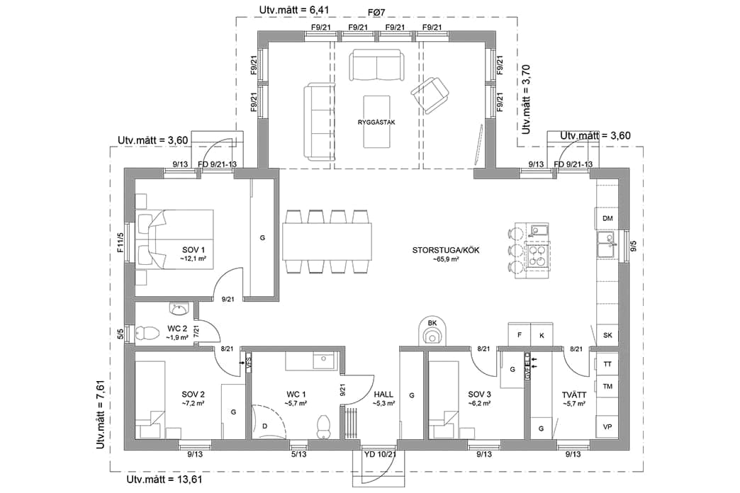 Planritning fritidshus enplanshus vinkelhus 114 kvm Ängnö 23-127