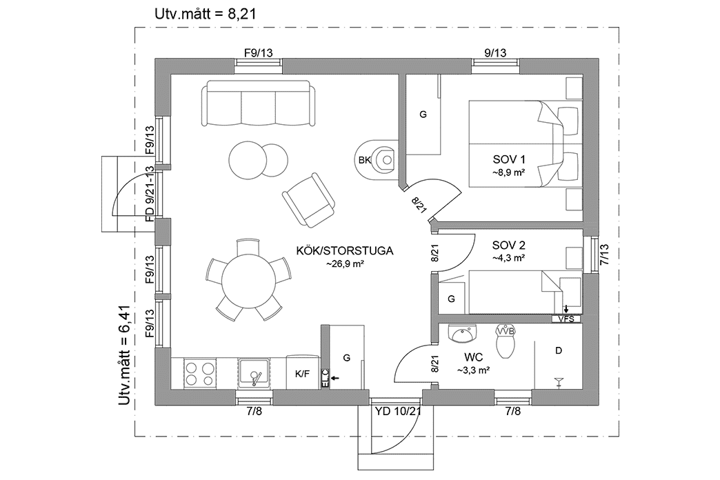 Planritning fritidshus 45 kvm Dalarö 23-53 spegelvänd
